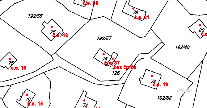 Mradice 37, Postoloprty na parcele st. 74 v KÚ Mradice, Katastrální mapa