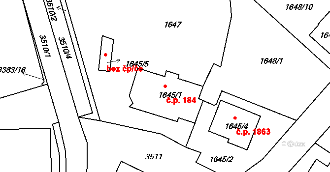 Pelhřimov 184 na parcele st. 1645/1 v KÚ Pelhřimov, Katastrální mapa