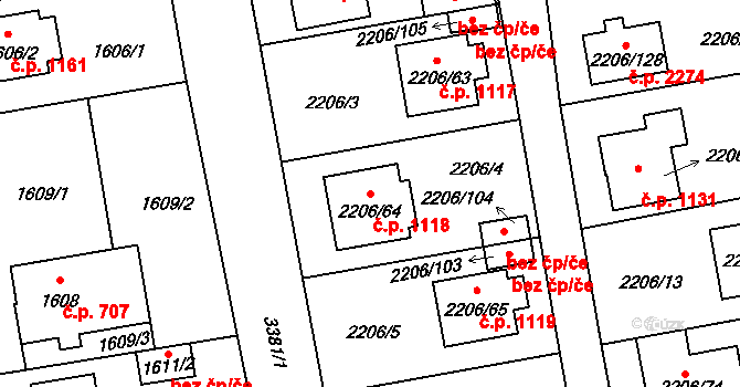Pelhřimov 1118 na parcele st. 2206/64 v KÚ Pelhřimov, Katastrální mapa