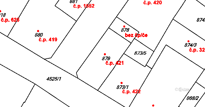 Teplice 421 na parcele st. 879 v KÚ Teplice, Katastrální mapa