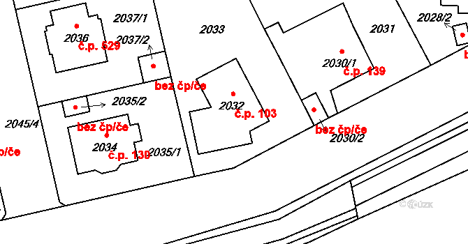 Ruzyně 103, Praha na parcele st. 2032 v KÚ Ruzyně, Katastrální mapa