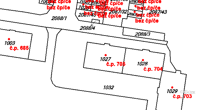 Kbely 705, Praha na parcele st. 1027 v KÚ Kbely, Katastrální mapa