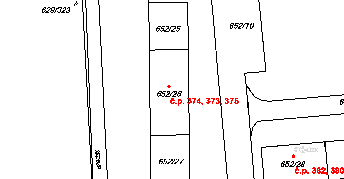 Letňany 373,374,375, Praha na parcele st. 652/26 v KÚ Letňany, Katastrální mapa