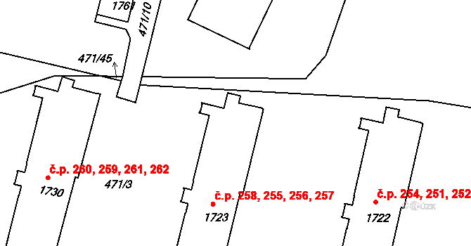 Příbram V-Zdaboř 255,256,257,258, Příbram na parcele st. 1723 v KÚ Březové Hory, Katastrální mapa