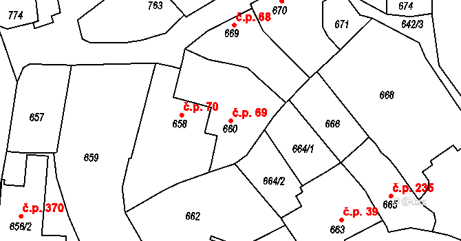 Droždín 69, Olomouc na parcele st. 660 v KÚ Droždín, Katastrální mapa