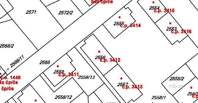 Chomutov 3412 na parcele st. 2556 v KÚ Chomutov II, Katastrální mapa