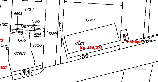 Rosice 373,374 na parcele st. 642/1 v KÚ Rosice u Brna, Katastrální mapa