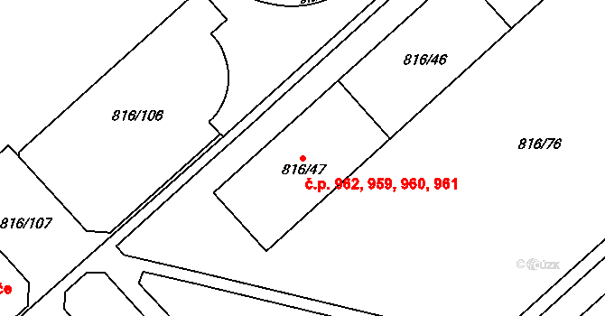 Doubravka 959,960,961,962, Plzeň na parcele st. 816/47 v KÚ Doubravka, Katastrální mapa