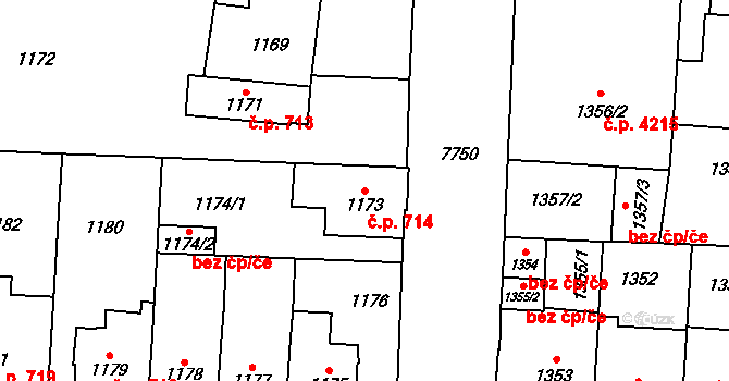 Prostějov 714 na parcele st. 1173 v KÚ Prostějov, Katastrální mapa
