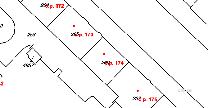 Město 174, Havířov na parcele st. 266 v KÚ Havířov-město, Katastrální mapa