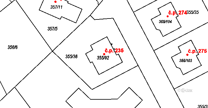 Červený Hrádek 235, Plzeň na parcele st. 355/92 v KÚ Červený Hrádek u Plzně, Katastrální mapa