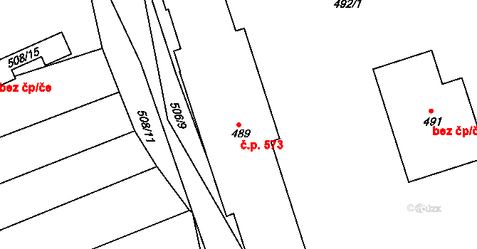 Buchlovice 573 na parcele st. 489 v KÚ Buchlovice, Katastrální mapa