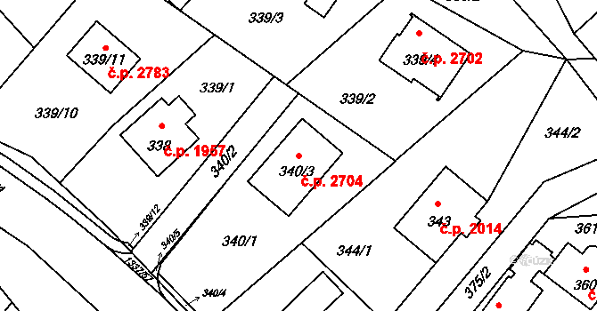Rožnov pod Radhoštěm 2704 na parcele st. 340/3 v KÚ Tylovice, Katastrální mapa
