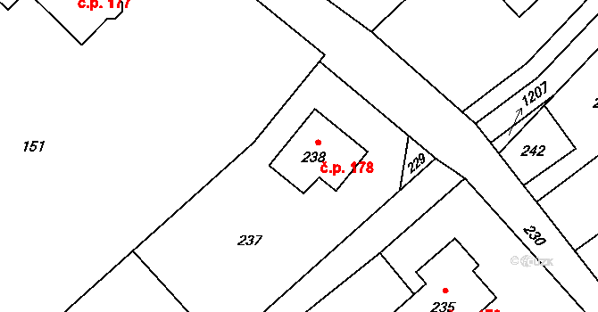 Olbramice 178 na parcele st. 238 v KÚ Olbramice, Katastrální mapa