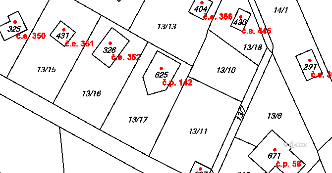 Černolice 142 na parcele st. 625 v KÚ Černolice, Katastrální mapa