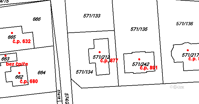 Šeberov 877, Praha na parcele st. 571/212 v KÚ Šeberov, Katastrální mapa