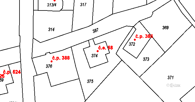 Šluknov 58 na parcele st. 374 v KÚ Šluknov, Katastrální mapa