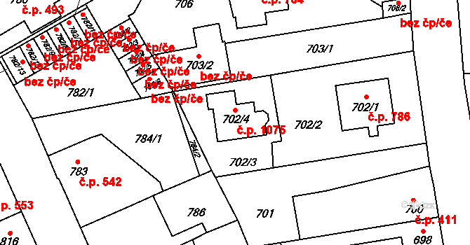 Kosmonosy 1075 na parcele st. 702/4 v KÚ Kosmonosy, Katastrální mapa