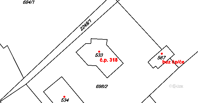 Slatina nad Zdobnicí 318 na parcele st. 533 v KÚ Slatina nad Zdobnicí, Katastrální mapa