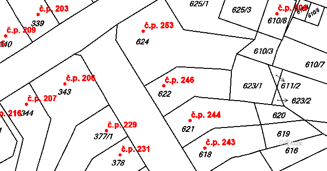 Spořice 246 na parcele st. 622 v KÚ Spořice, Katastrální mapa