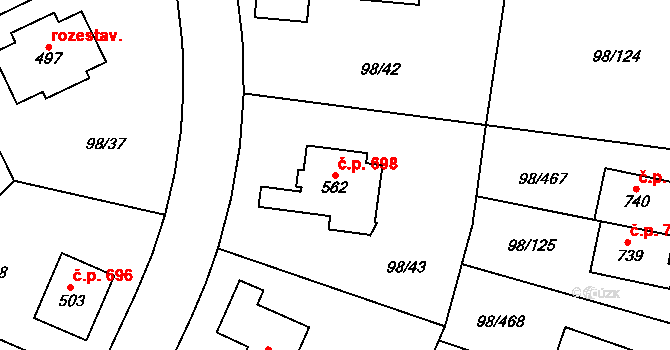 Bašť 698 na parcele st. 562 v KÚ Bašť, Katastrální mapa