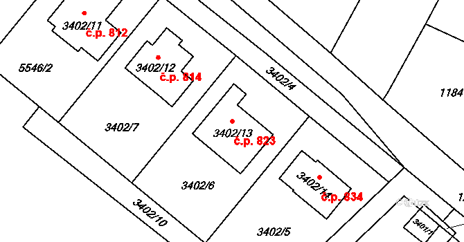 Dolní Kounice 823 na parcele st. 3402/13 v KÚ Dolní Kounice, Katastrální mapa