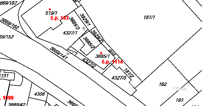 Žichlínské Předměstí 1114, Lanškroun na parcele st. 3885/1 v KÚ Lanškroun, Katastrální mapa
