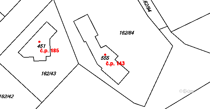 Sedlčánky 143, Čelákovice na parcele st. 555 v KÚ Sedlčánky, Katastrální mapa