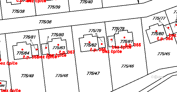 Dýšina 366 na parcele st. 775/62 v KÚ Dýšina, Katastrální mapa