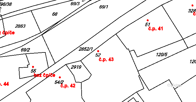 Sehradice 43 na parcele st. 52 v KÚ Sehradice, Katastrální mapa