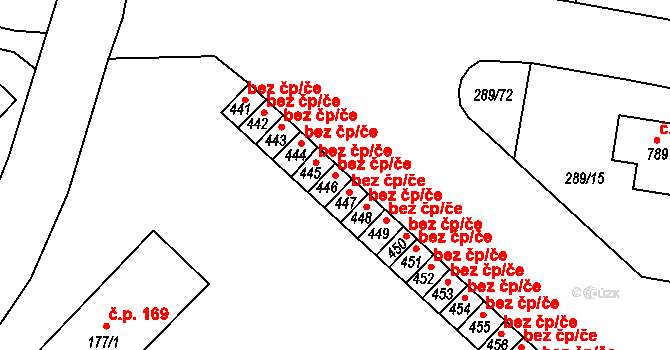 Hrádek 40655521 na parcele st. 446 v KÚ Nová Huť, Katastrální mapa