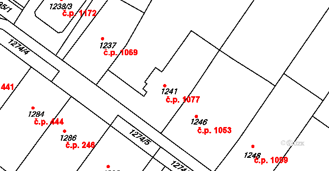 Hluk 1077 na parcele st. 1241 v KÚ Hluk, Katastrální mapa