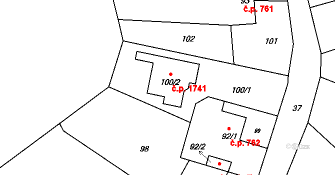 Kuřim 1741 na parcele st. 100/2 v KÚ Kuřim, Katastrální mapa