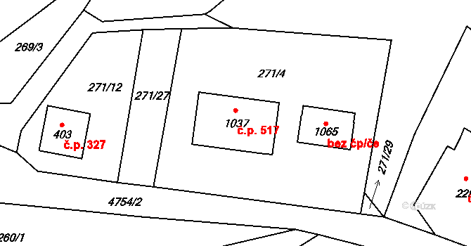 Kunžak 517 na parcele st. 1037 v KÚ Kunžak, Katastrální mapa