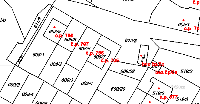 Drnovice 705 na parcele st. 608/7 v KÚ Drnovice u Vyškova, Katastrální mapa