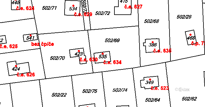 Solopisky 634, Třebotov na parcele st. 535 v KÚ Třebotov, Katastrální mapa