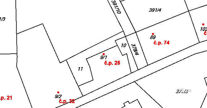 Dolní Jirčany 25, Psáry na parcele st. 9/1 v KÚ Dolní Jirčany, Katastrální mapa