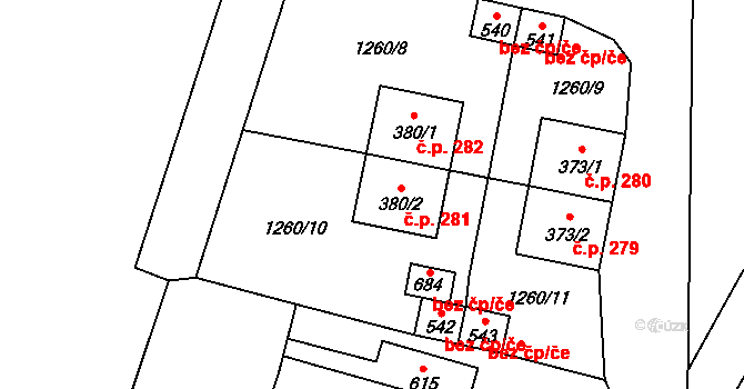 Žihle 281 na parcele st. 380/2 v KÚ Žihle, Katastrální mapa