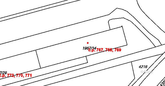 Pražské Předměstí 767,768,769, Jaroměř na parcele st. 1967/34 v KÚ Jaroměř, Katastrální mapa