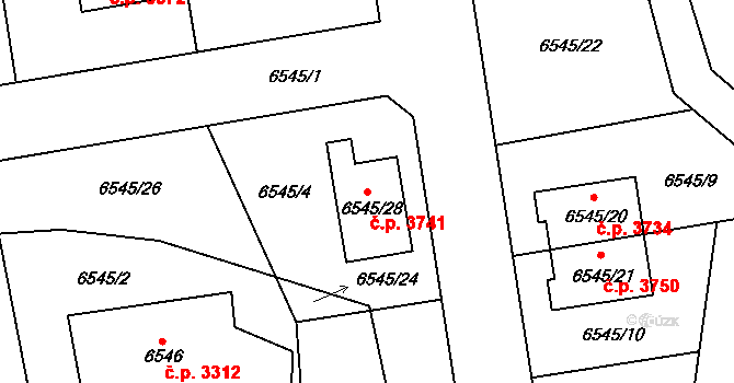 Frýdek 3741, Frýdek-Místek na parcele st. 6545/28 v KÚ Frýdek, Katastrální mapa