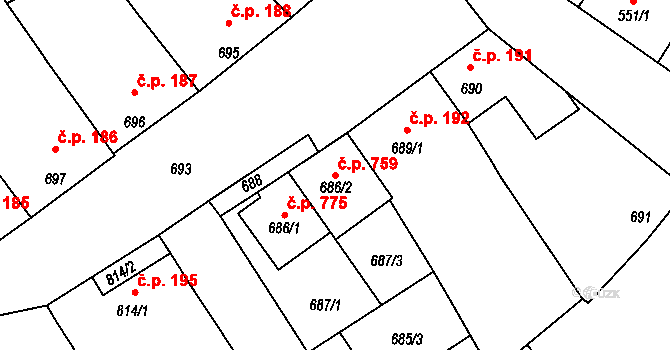 Vacenovice 759 na parcele st. 686/2 v KÚ Vacenovice u Kyjova, Katastrální mapa