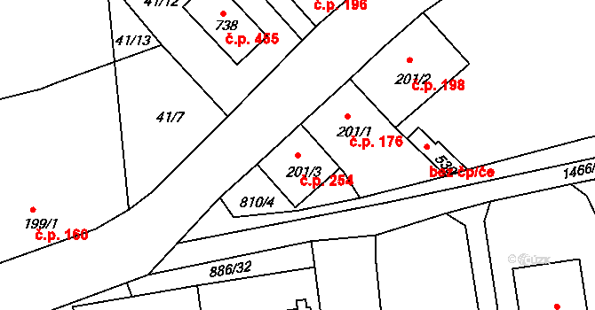 Lhenice 254 na parcele st. 201/3 v KÚ Lhenice, Katastrální mapa