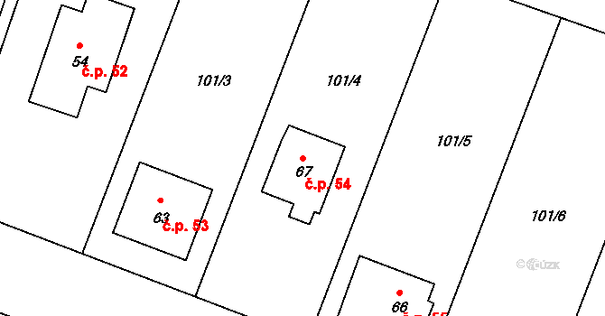 Vyšehorky 54, Líšnice na parcele st. 67 v KÚ Vyšehorky, Katastrální mapa