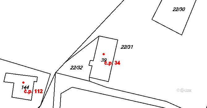 Loučovice 34 na parcele st. 39 v KÚ Loučovice, Katastrální mapa