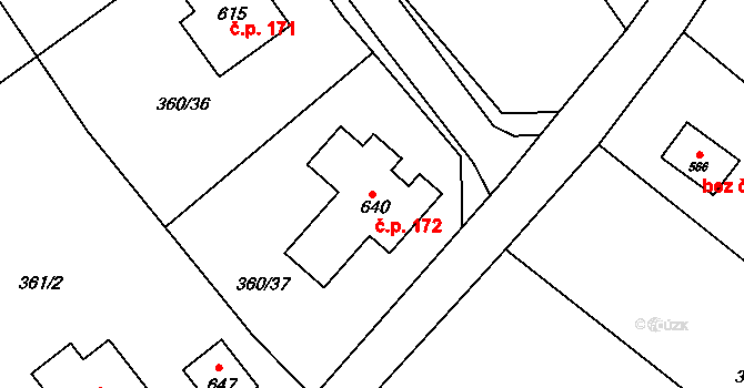 Patřín 172, Loučeň na parcele st. 640 v KÚ Patřín, Katastrální mapa