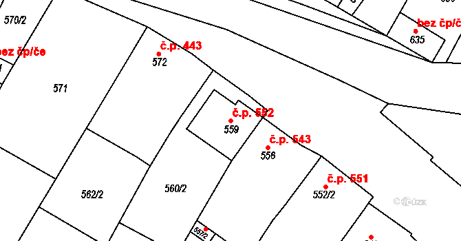 Hrušky 552 na parcele st. 559 v KÚ Hrušky, Katastrální mapa