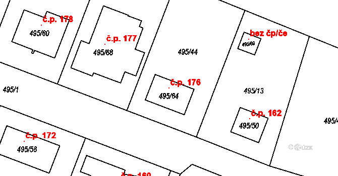 Lhotka 176 na parcele st. 495/64 v KÚ Lhotka u Hořovic, Katastrální mapa