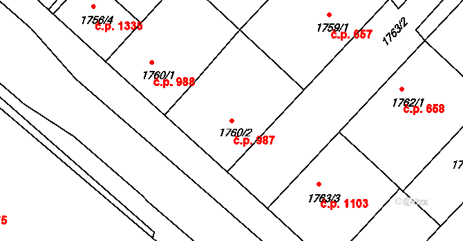 Holešov 987 na parcele st. 1760/2 v KÚ Holešov, Katastrální mapa