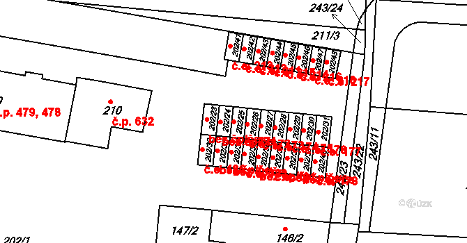 Plumlov 171 na parcele st. 202/25 v KÚ Plumlov, Katastrální mapa