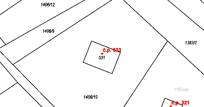 Huntířov 333, Vítězná na parcele st. 531 v KÚ Huntířov, Katastrální mapa